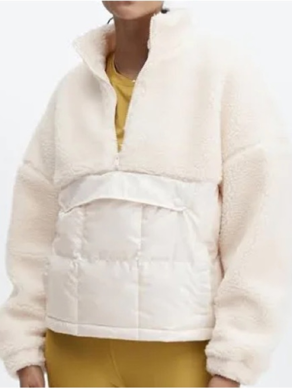 Fabletics Nelly Mixed Media Half Zip Sherpa Puffer Jacket Oats M